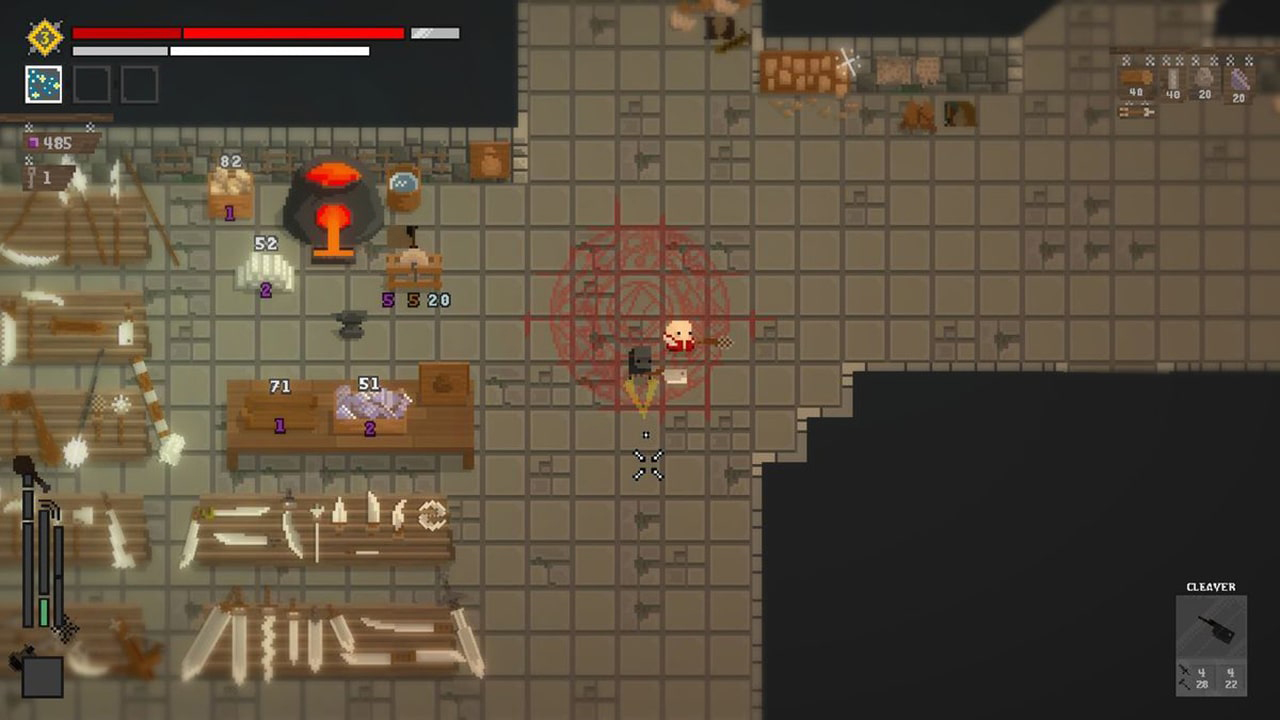 In Celebration of Violence screenshot featuring a pixel-based overhead dungeon and a character standing ready to do battle.