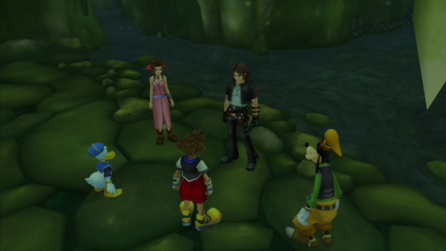 Sora, Donald, Goofy, Aeris, and Squall updating each other on the story so far.