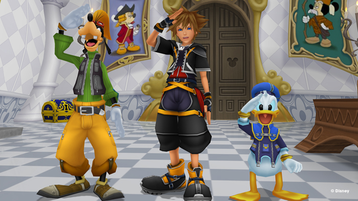 Sora, Donald, and Goofy stand at attention, Kingdom Hearts style.