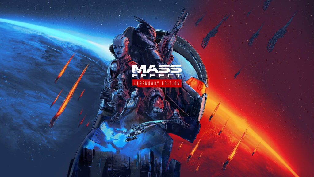 A collection of famous characters from the Mass Effect trilogy can be seen high above a planet representing the blue paragon and red renegade sides of Mass Effect's morality system.