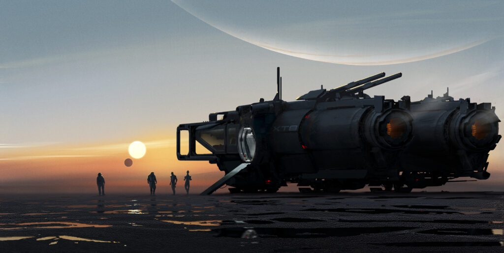 A space vehicle and unidentified characters from a new Mass Effect project.