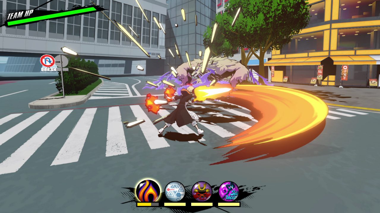 Combat screenshot of NEO: The World Ends With You with the player character making an exaggerated (and colorful) sweeping arc attack at an enemy in a city setting.