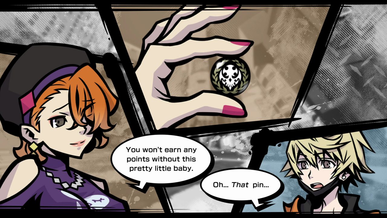 NEO: The World Ends With You screenshot of a feminine character showing off a special pin to a boy.