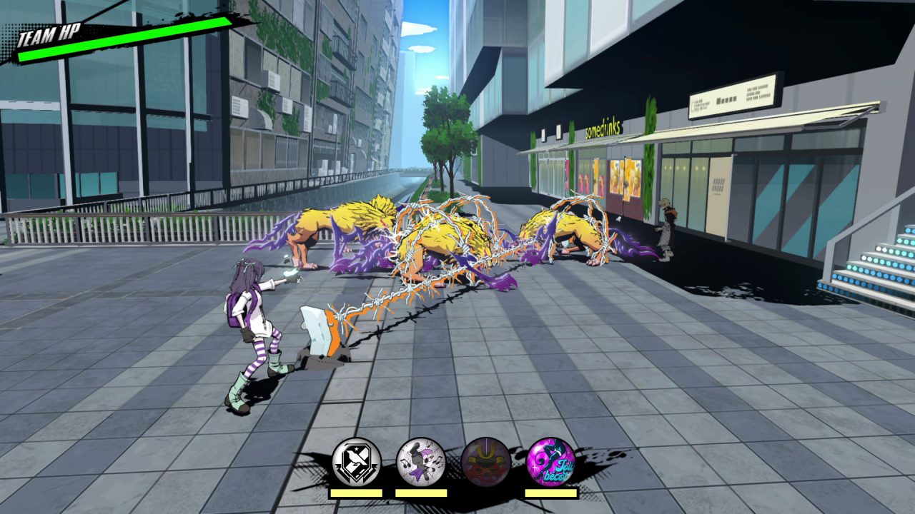 Nagi unleashes her ShoGun Void Wire Trip attack on several Noise in Neo: The World Ends With You.