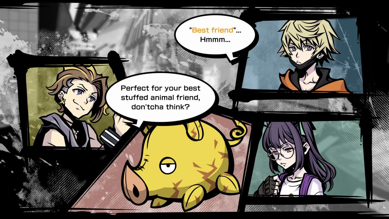 Characters discuss a stuffed pig in NEO: The World Ends with You.