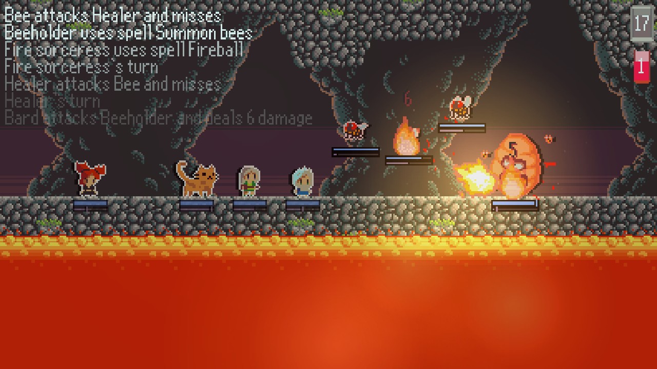 Party members fight bravely on a 2D stone outcrop above magma in Nexoria: Dungeon Rogue Heroes.