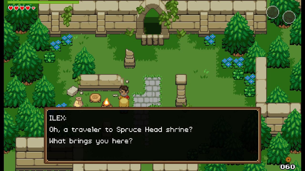 Ocean's Heart screenshot featuring the protagonist talking to a local outside a shrine.