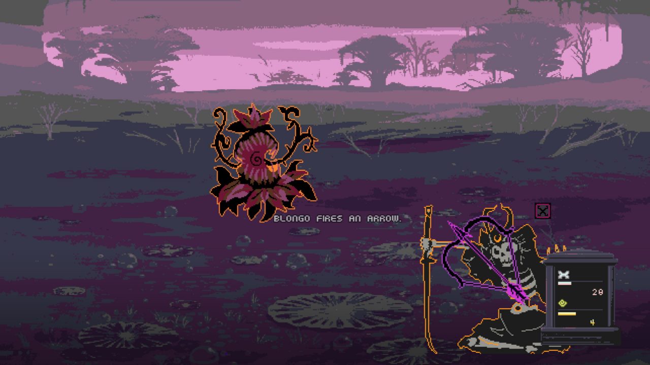 A samurai skeleton fights a plant enemy in Osteoblasts.