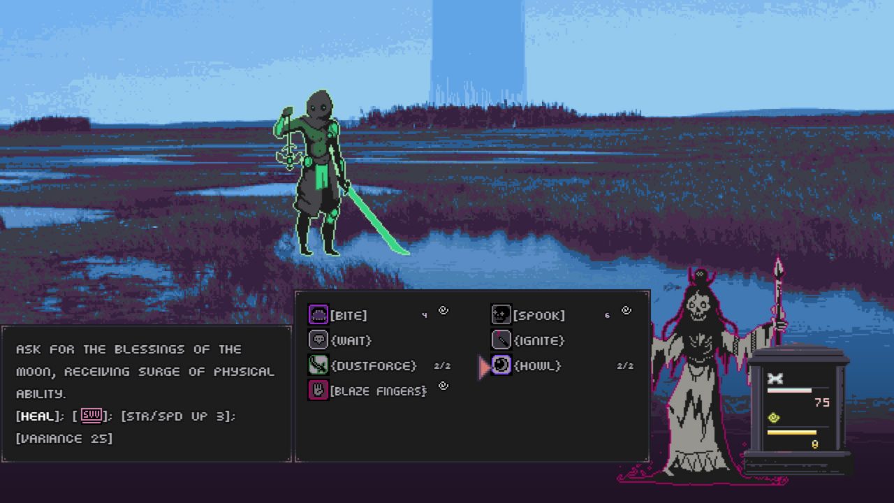 Attack options in a menu during battle with the "howl" option selected for your skeleton.