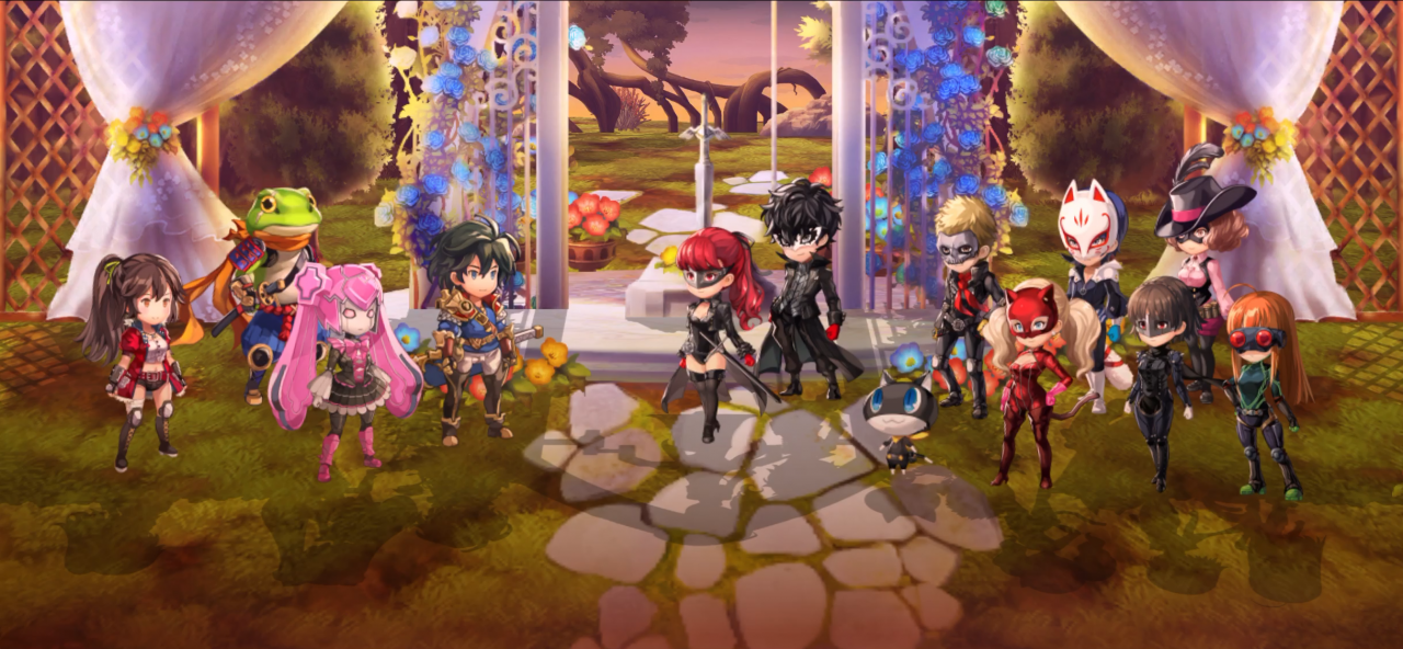 Another Eden Persona 5 Royal Crossover Screenshot Featuring The Phantom Thieves Joker, Violet, Skull, Panther, Oracle, Fox, Queen, and Morgana