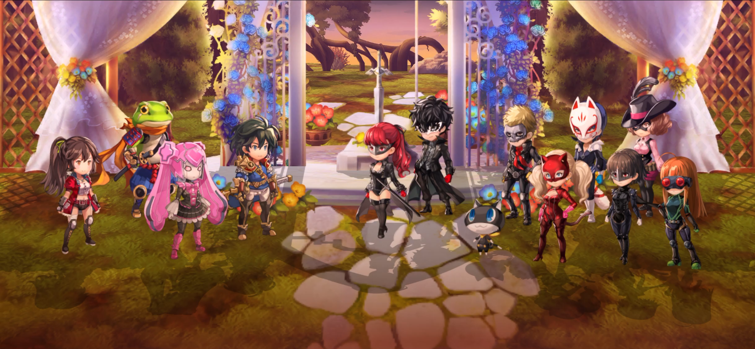 Another Eden Persona 5 Royal Crossover Screenshot Featuring The Phantom Thieves Joker, Violet, Skull, Panther, Oracle, Fox, Queen, and Morgana