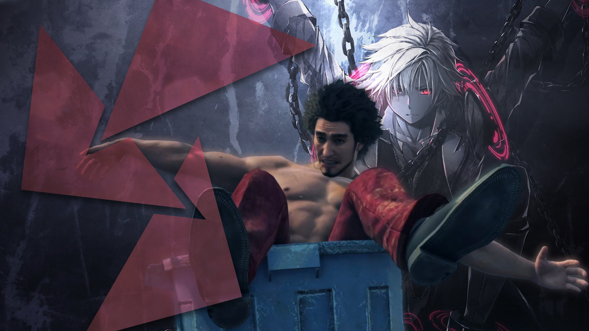 A shirtless man looks surprised to find himself dumped in a blue garbage can, behind him is an anime-style young man in greyscale chained to a wall with pink sci-fi cuffs around his wrists.