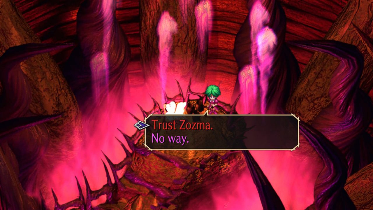 The screenshot depicts a decision to either trust of refuse the words and actions of a character within SaGa Frontier Remastered.