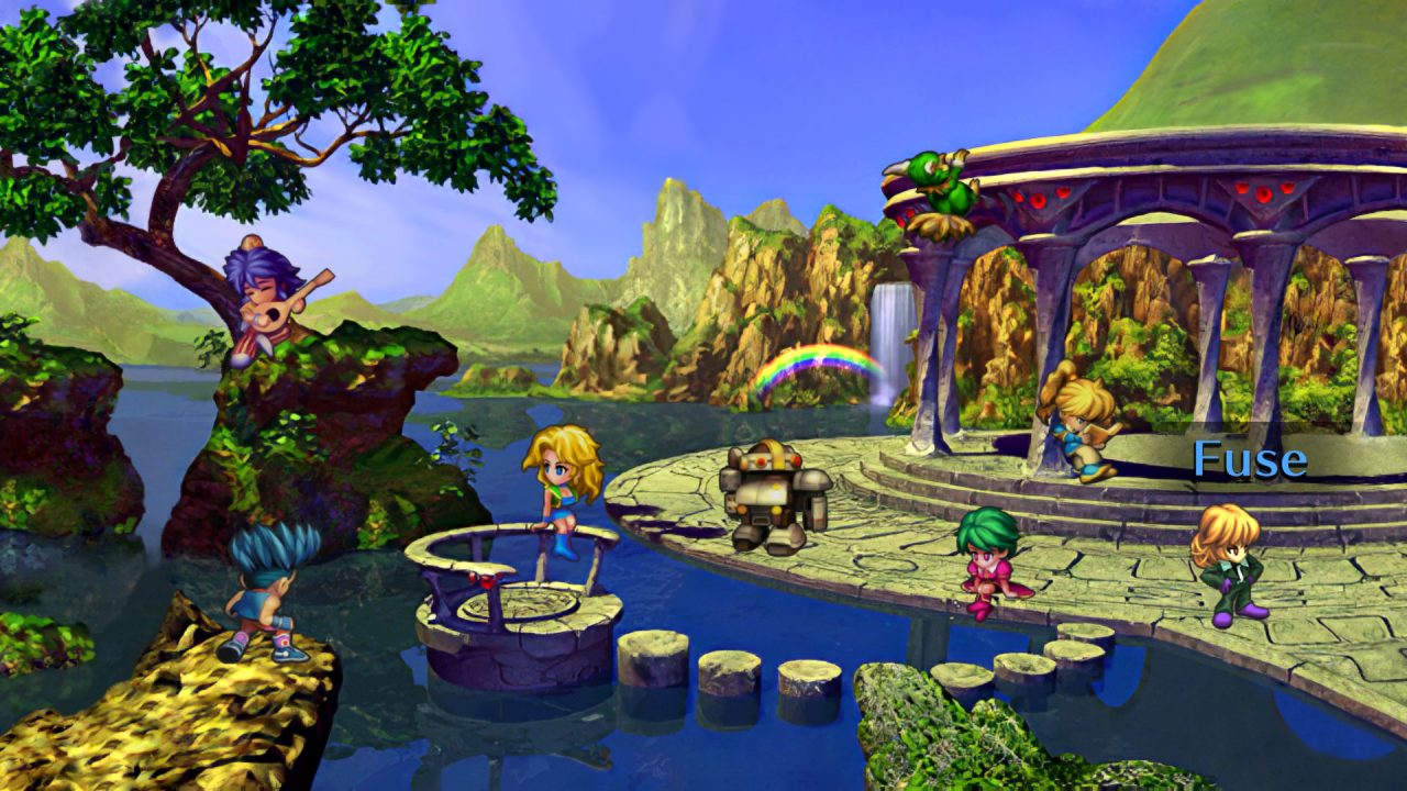 The SaGa Frontier cast hangs out by a river at a lovely gazebo as the player selects their character!