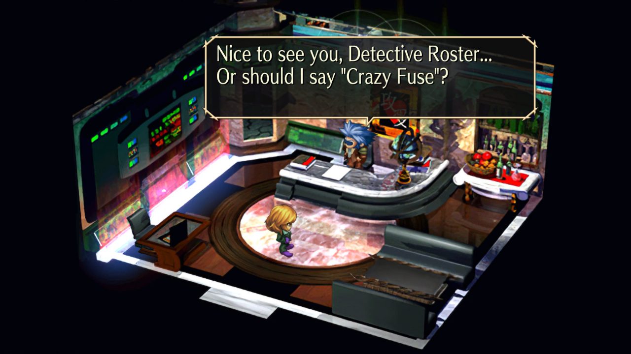 A worker wonders if she should refer to Detective Roster as 'Crazy Fuse' in SaGa Frontier Remastered.