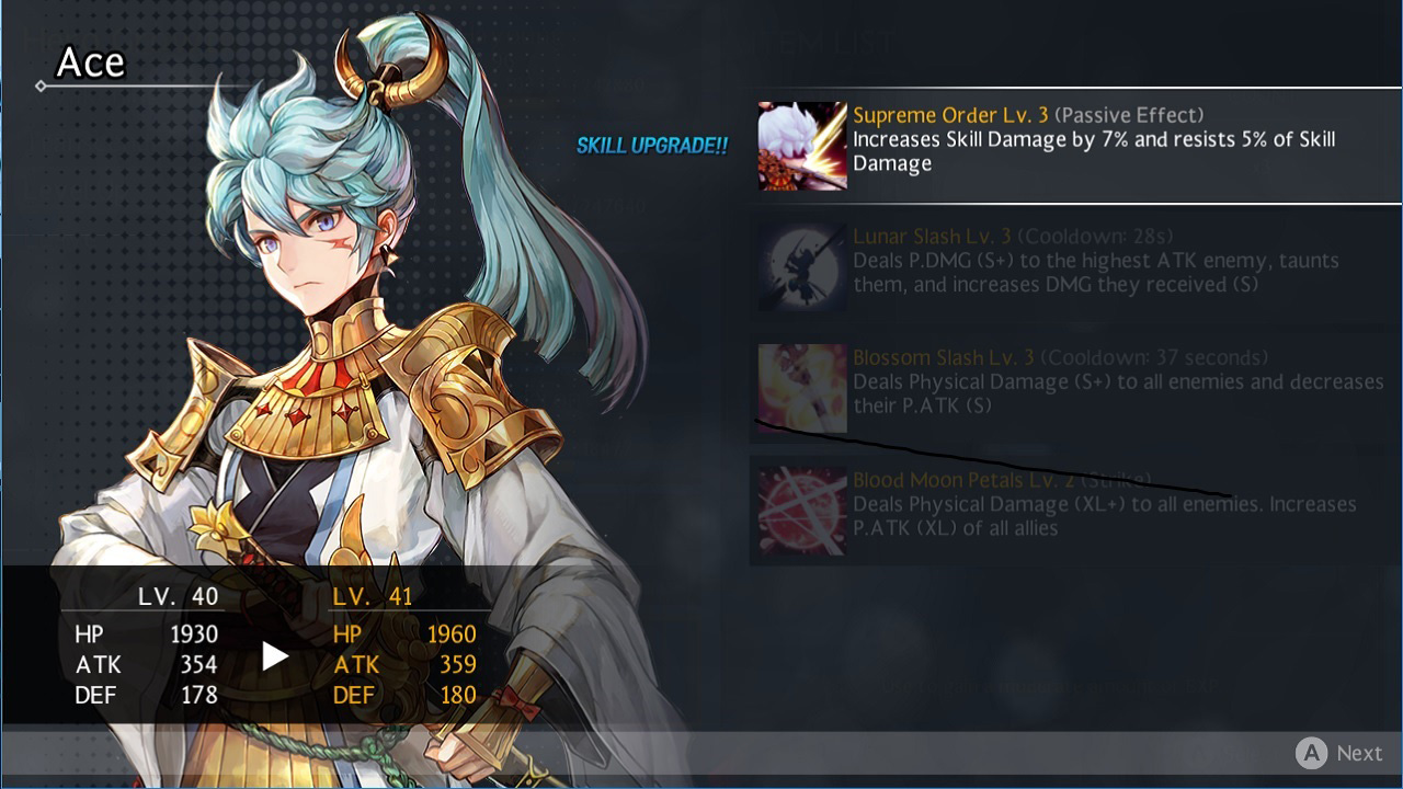 A character's level-up screen featuring various stat and skill growth systems in Seven Knights.