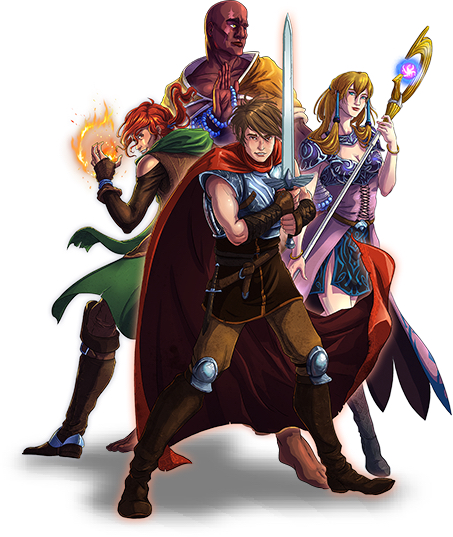 Clockwise from top: Curtis the monk, Asrael the mage, Kellan the knight, and Talon the Thief