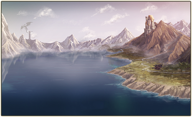 Landscape from Shadows of Adam with a coastline and mountains, with a building standing in the heights.