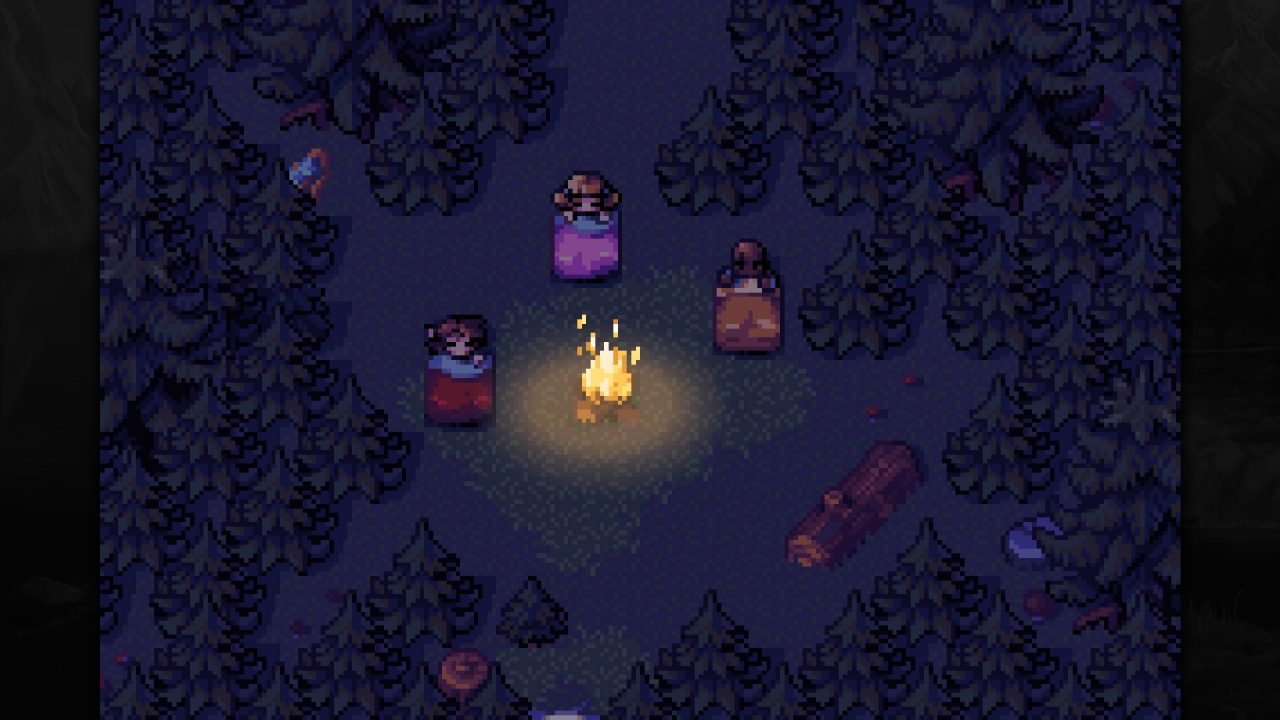 Curtis, Kellan, and Asrael asleep by the campfire