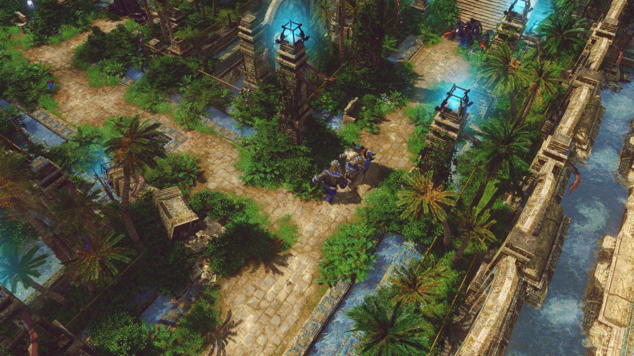SpellForce 3: Fallen God screenshot of characters traversing a tropical jungle-themed temple full of palm trees and flowing water.