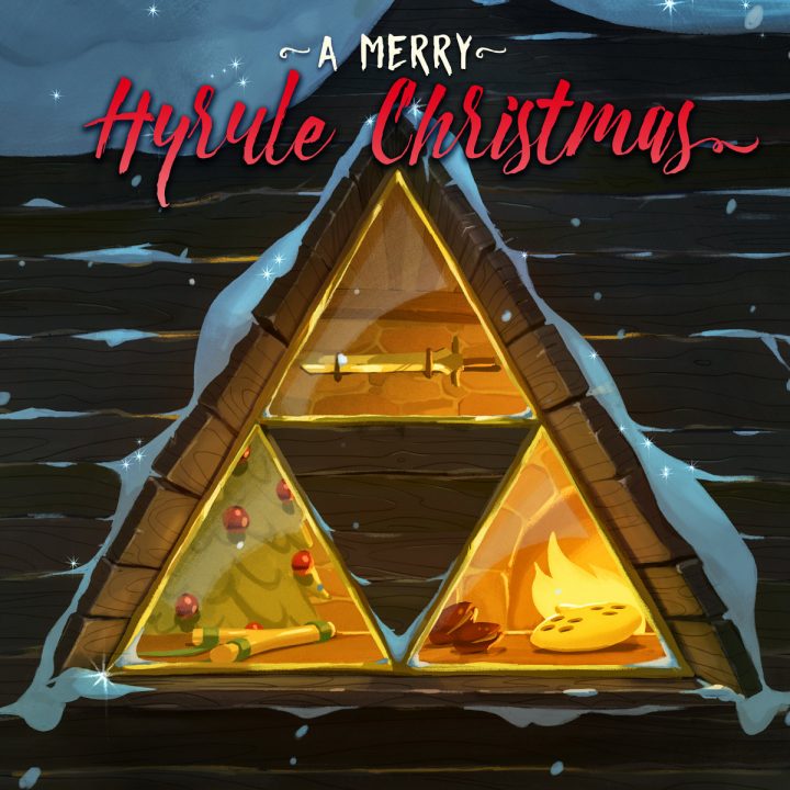 A Merry Hyrule Christmas album cover with a Triforce-shaped window in a cabin looking in on a Christmas tree, sword, fire, and ocarina.