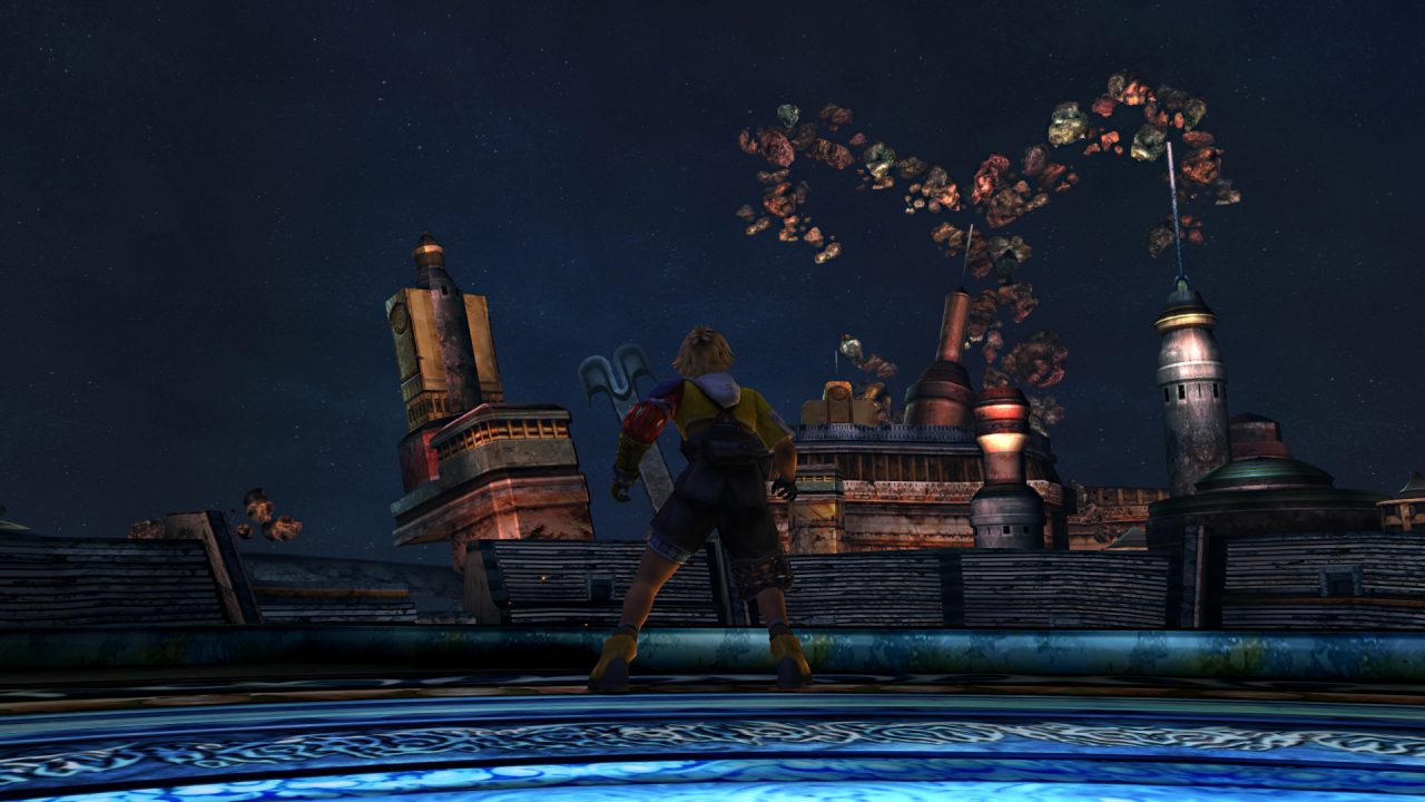 Battle at the remnants of the Blitzball stadium. Tidus stands ready.