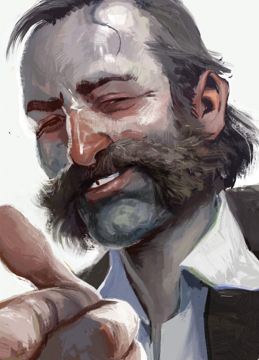 Our lead detective (mutton chops included) smiles and points an index finger toward the viewer.