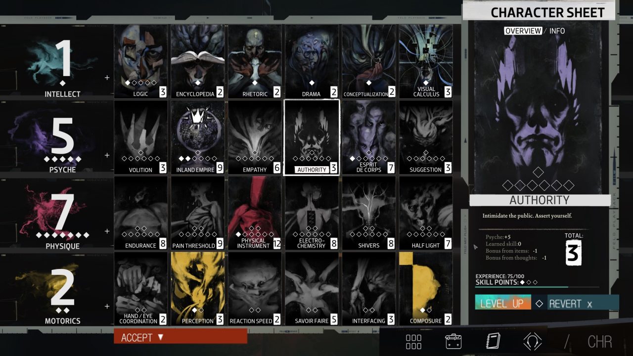 Disco Elysium stat screen with Authority highlighted.