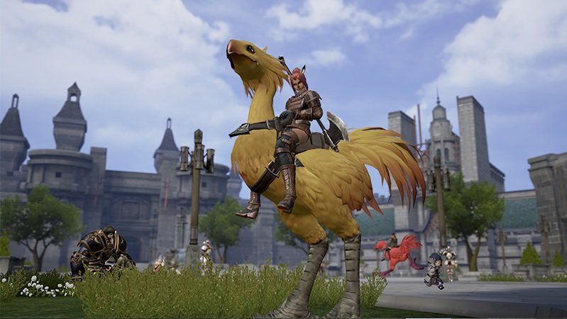 Final Fantasy XI screenshot of a chocobo with a rider outside a medieval city