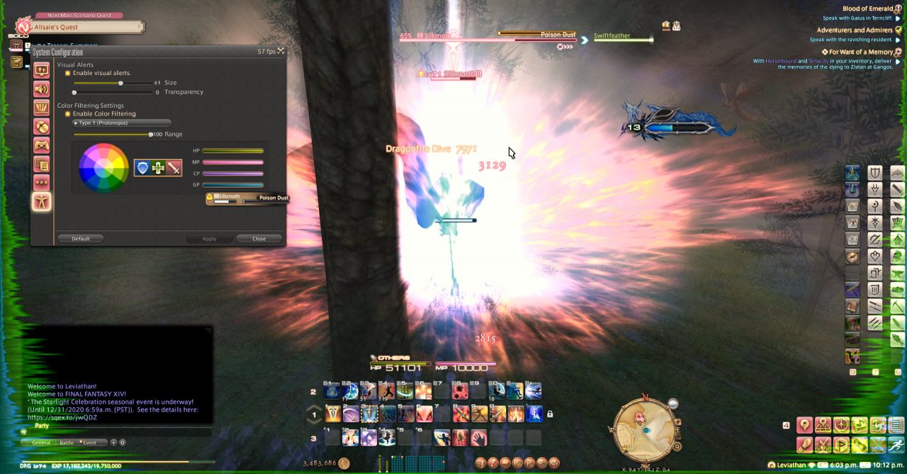 Final Fantasy XIV Shadowbringers Screenshot displaying color filtering and visual alert accessibility options