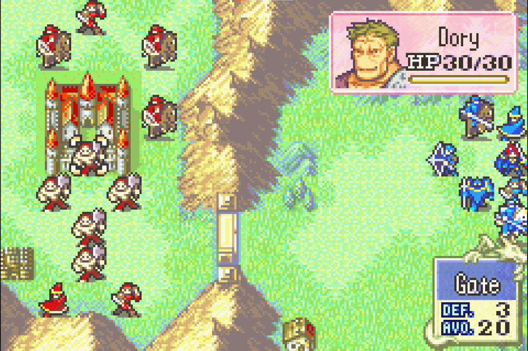 Opposing armies on opposite sides of a fortified mountain range in Fire Emblem: The Binding Blade.