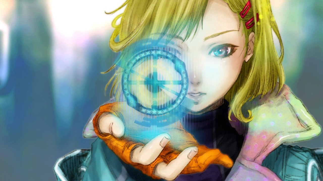 Gnosia Screenshot of a blonde girl holding up a glowing hologram in her hand