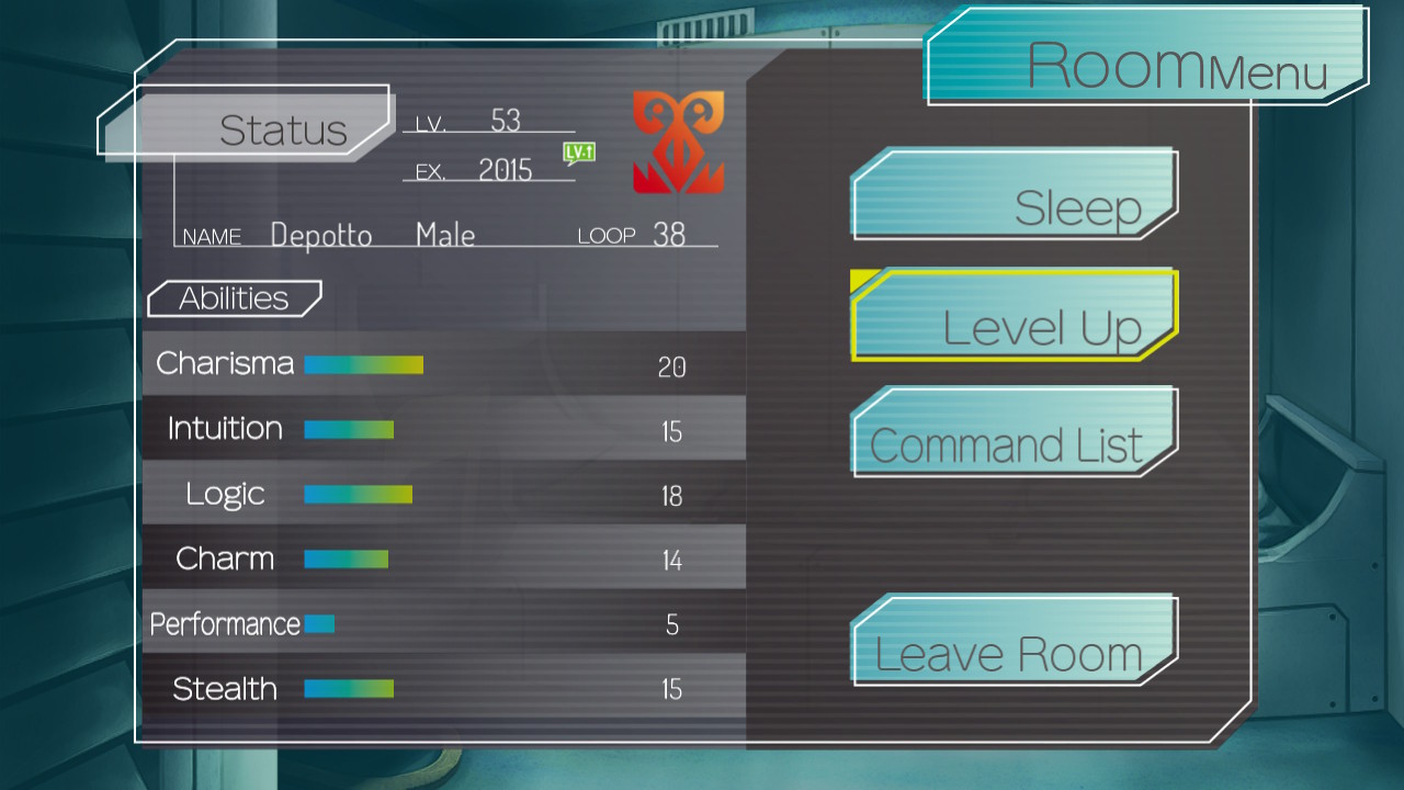 A display of player stats with the option to level up selected.