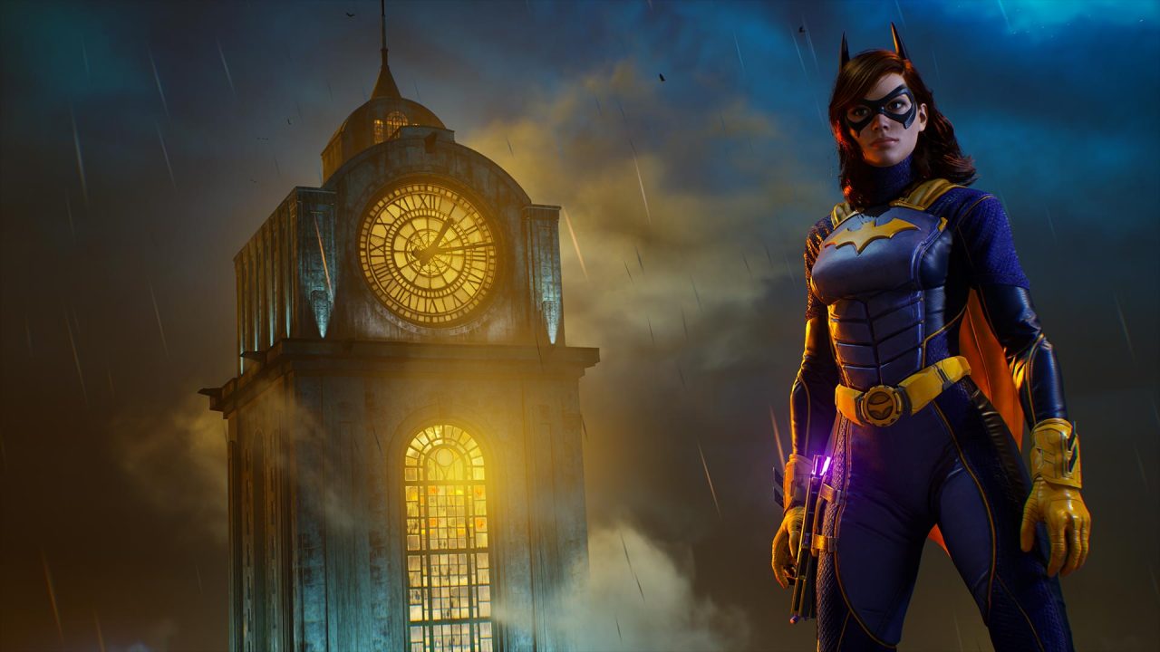 Batgirl stands in front of a clock tower