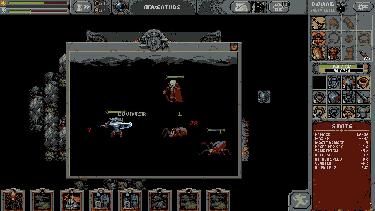 A screenshot of frenetic battle in Loop Hero.