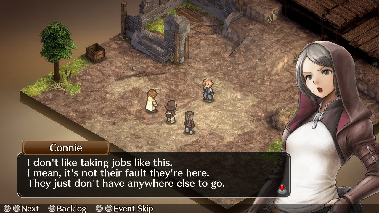 A hooded figure named Connie talks to the rest of the group in Mercenaries Blaze: Dawn of the Twin Dragons.