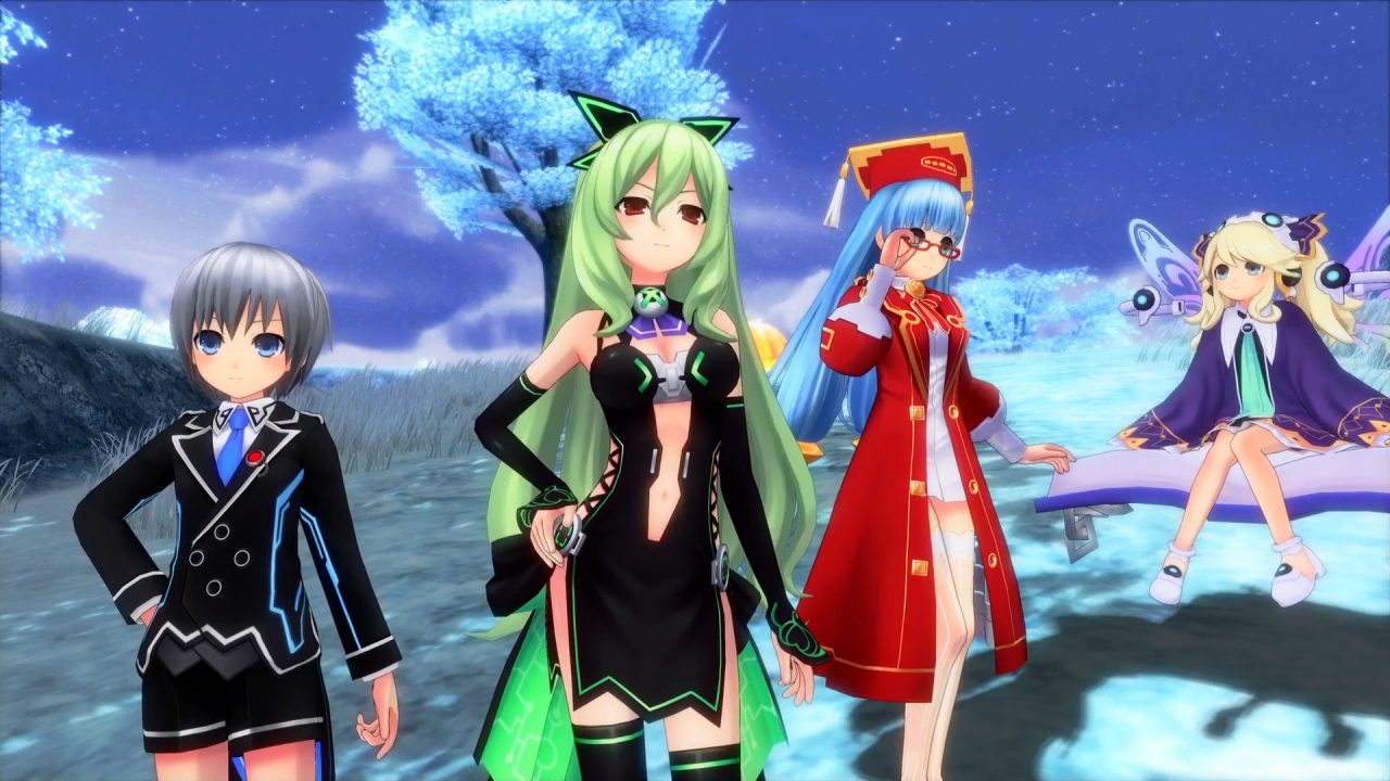 Neptunia reverse Characters in front of a tree