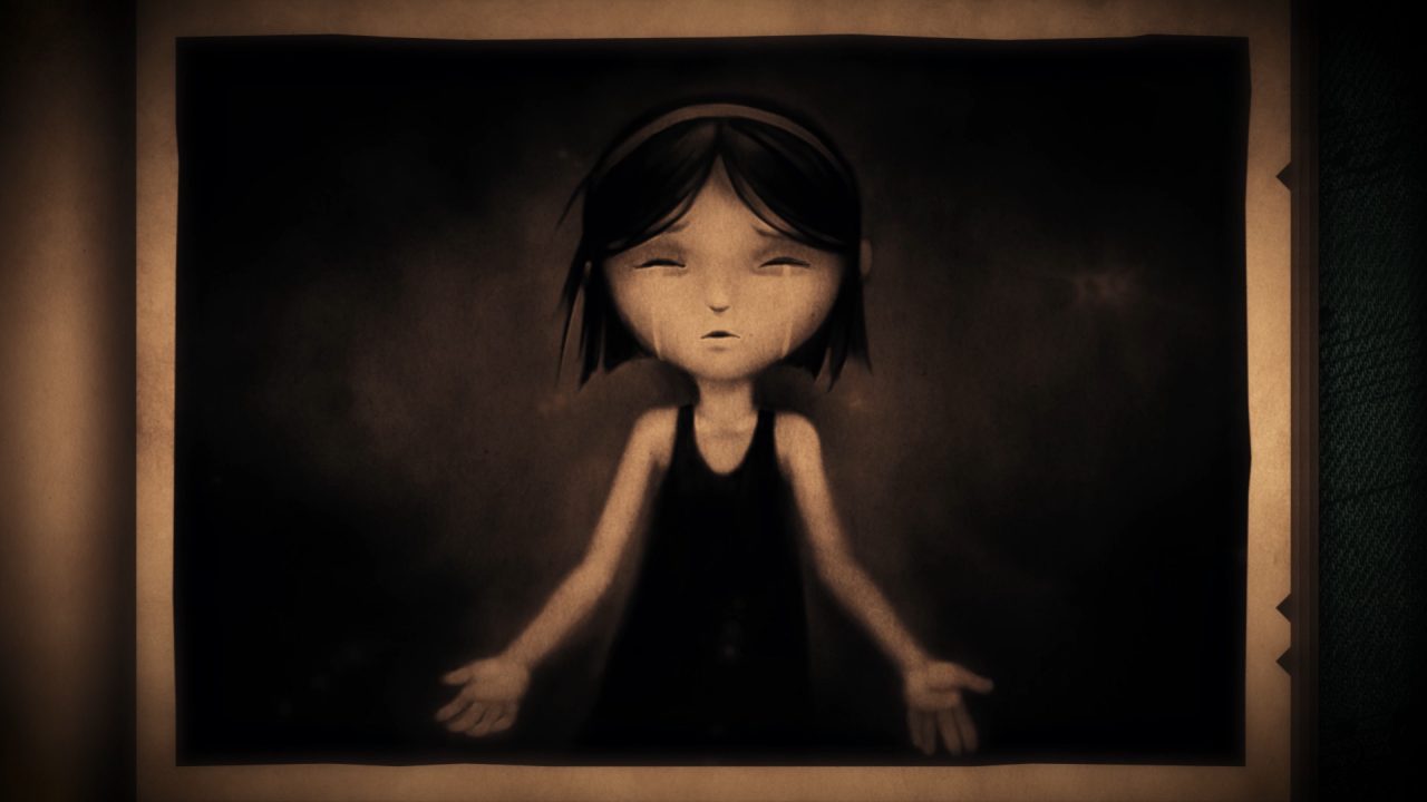Neversong screenshot: a sepia-toned picture of a crying girl