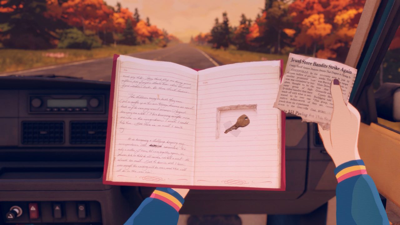 A key inside a book. It's placed in a secret compartment: a square cut out of the book's pages and hidden behind a newspaper clipping. The POV character discovers this while sitting in the passenger seat of a car on a country road.