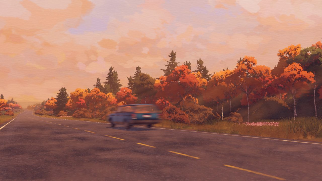 A car blazing down a road lined by autumnal trees at sunset.