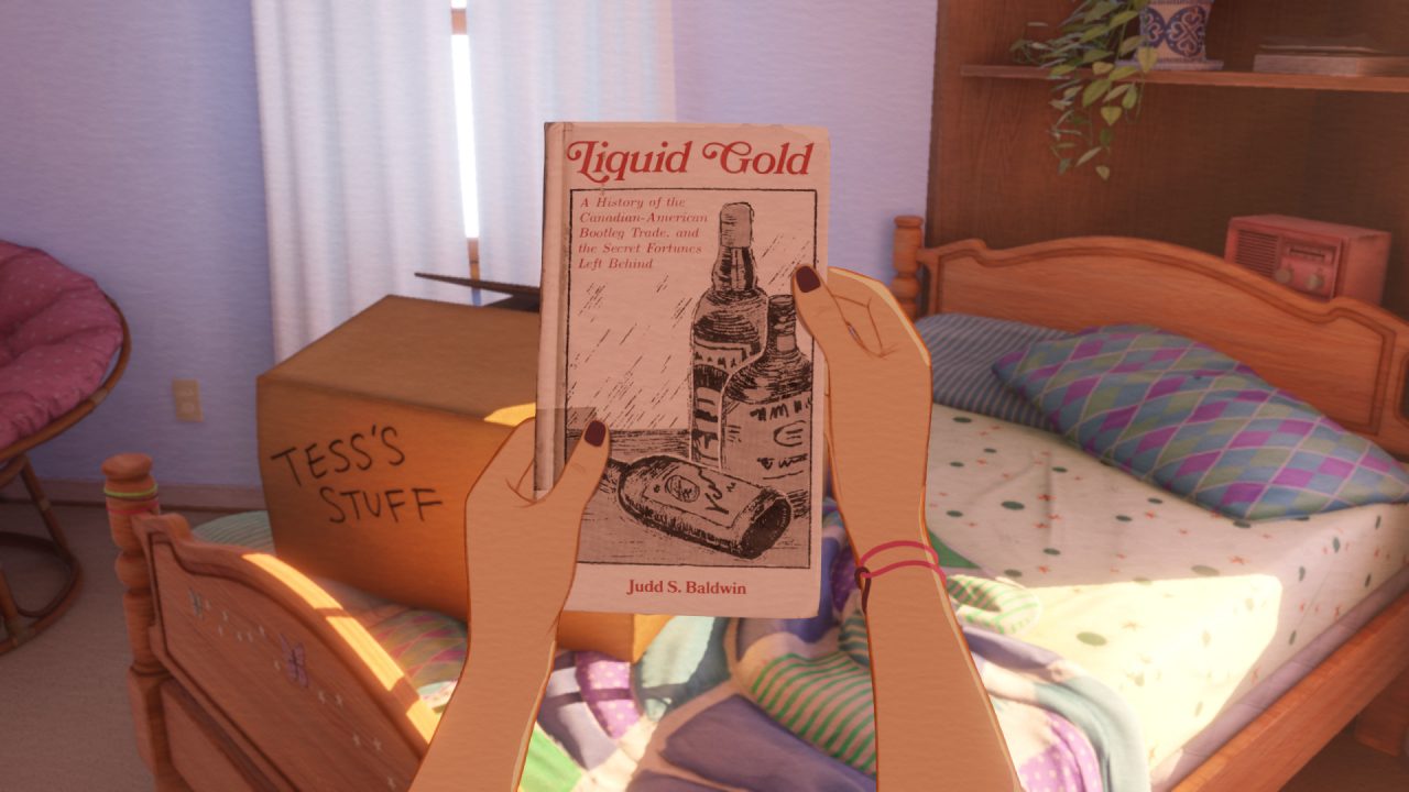 The player examines an old book while cleaning out granny's house. The book is entitled "Liquid Gold" by "Judd S. Baldwin." It is about bootlegging, and the cover depicts several bottles of alcohol.