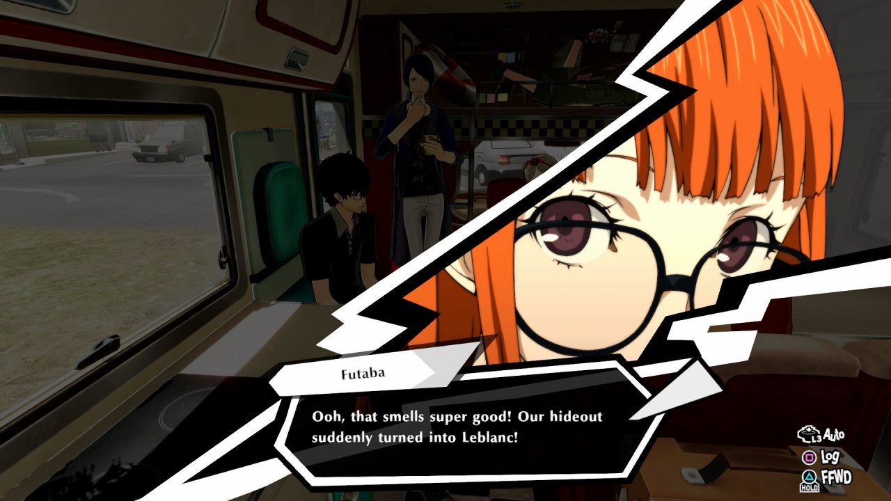 Futaba expresses surprise in a closeup during a dialogue sequence in Persona 5 Strikers.