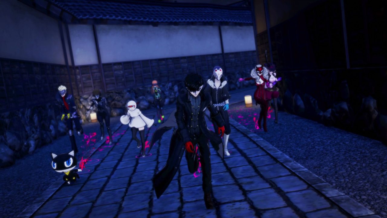 Joker and the rest of the Phantom Thieves running through a dark alleyway in Persona 5 Strikers.