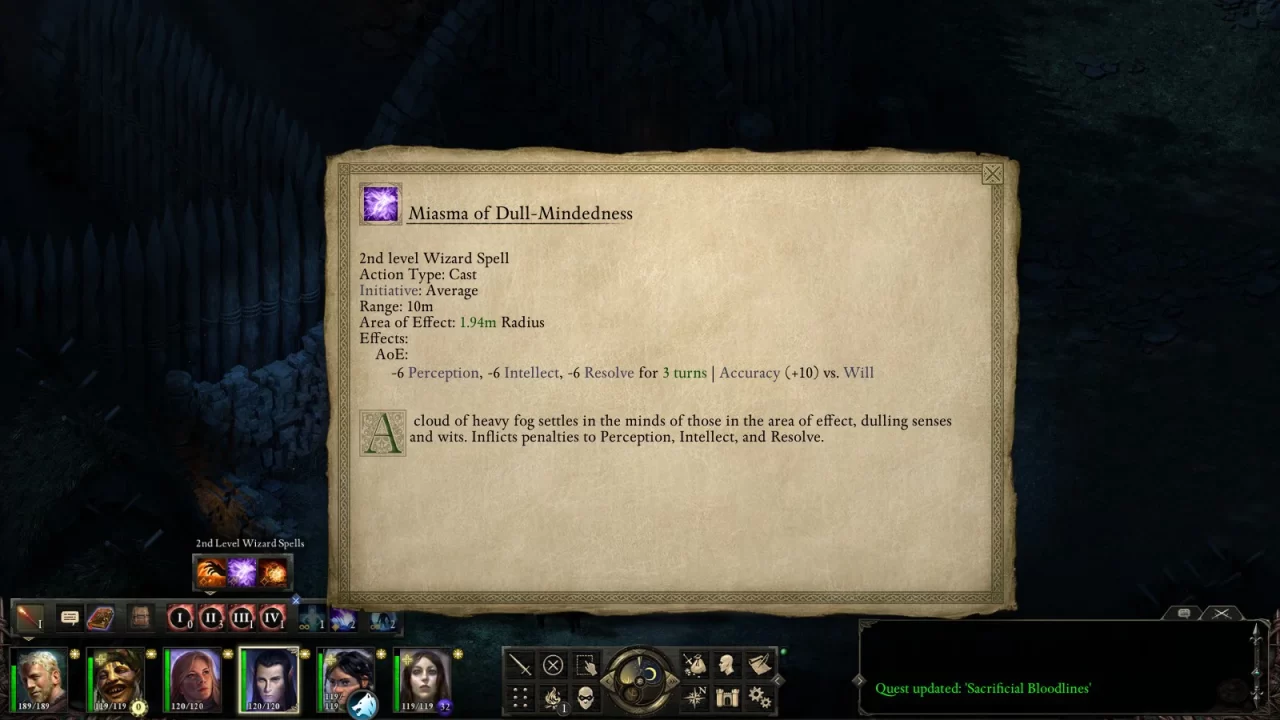 The Miasma of Dull-Mindedness spell explains how it now affects mental statistics of enemies for three turns.