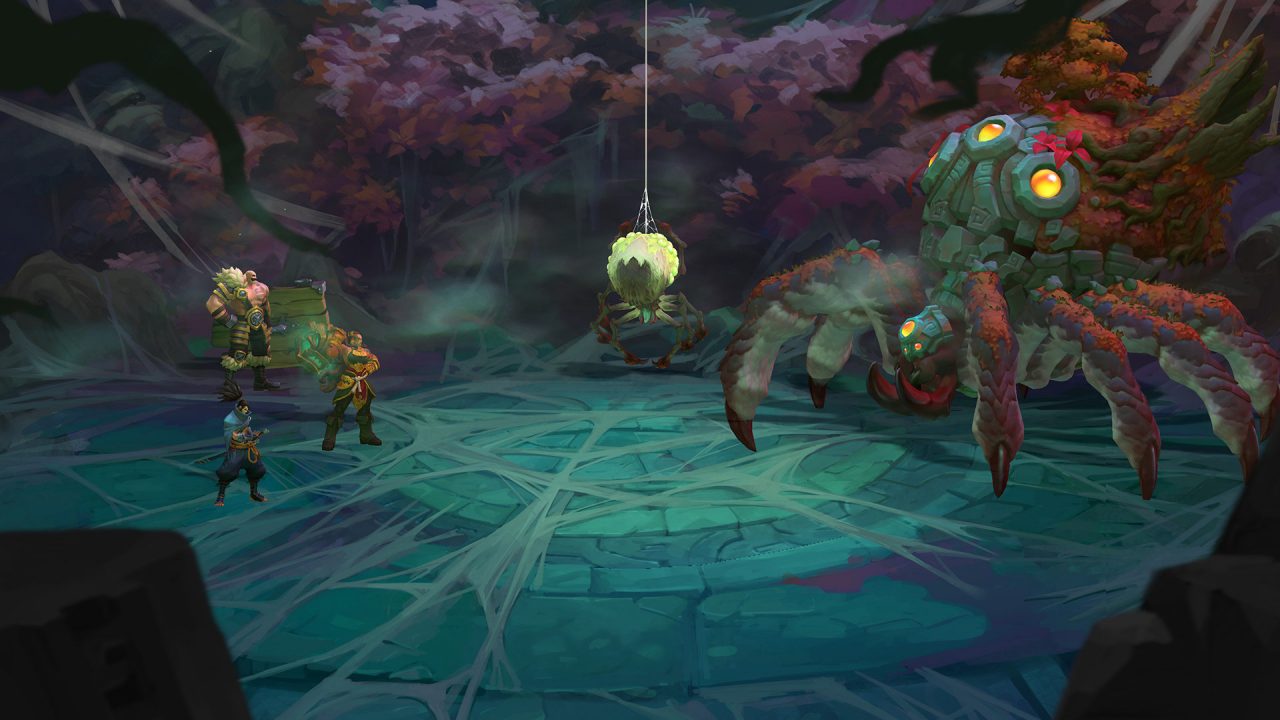 Ruined King: A League of Legends Story screenshot featuring champions facing a tree spider...thing.