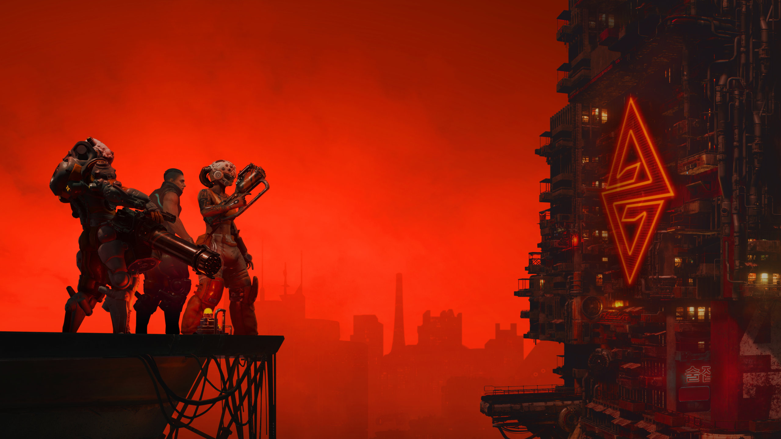 The cast of The Ascent stand on top of a skyscraper looking over an entire city against a red sky.
