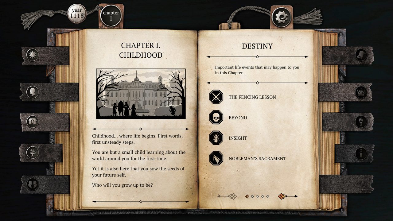 Gameplay is charted via pages in a book in The Life and Suffering of Sir Brante.