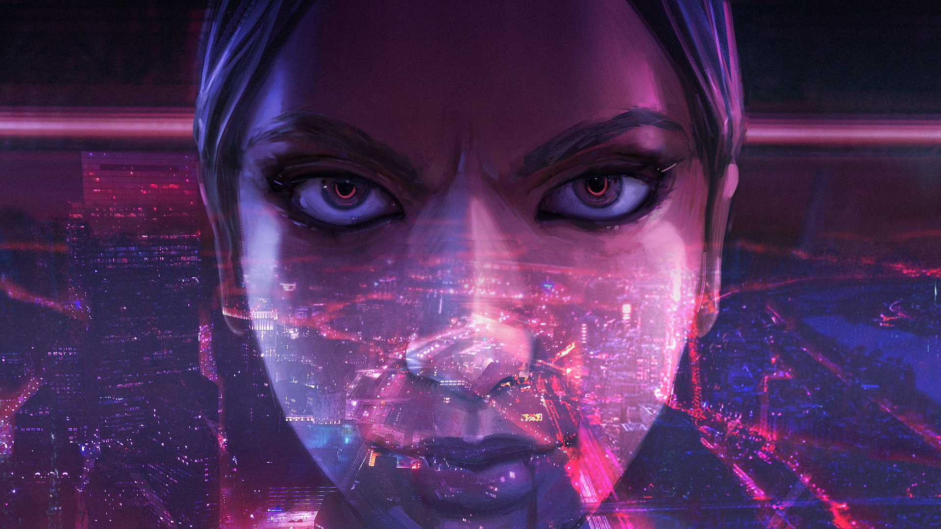 Vampire The Masquerade Swansong Artwork of a woman's determined face overlaid on a neon-lit city downtown at night.