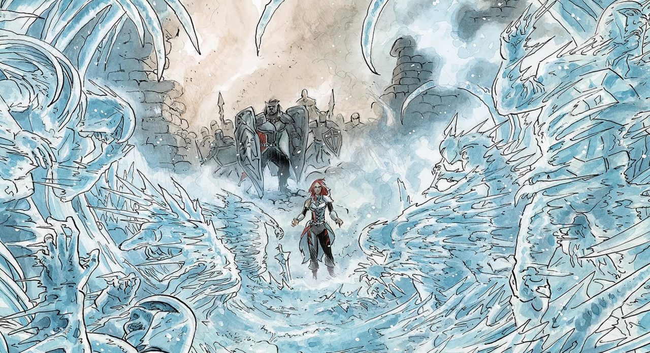 Vesper: Ether Saga Comic-style artwork: Monsters and soldiers stand frozen in ice before our heroine.