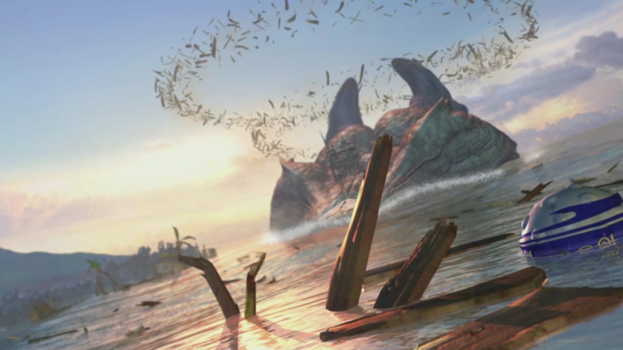 A Blitzball drifts amid a lot of debris after the town is destroyed.